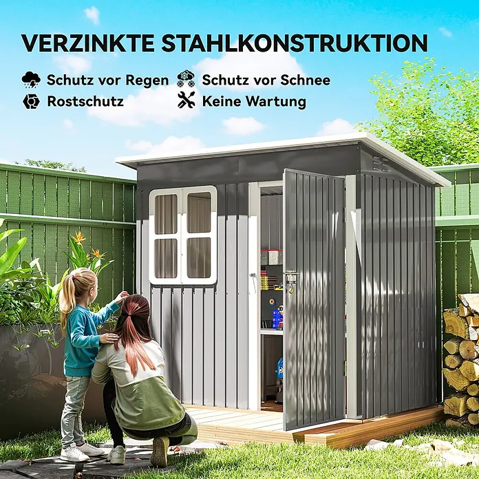 Outsunny Gerätehaus - Außenbreite inkl. Dachüberstand: 211 cm, Außentiefe inkl. Dachüberstand: 133 cm, Stahl, Dunkelgrau - Dunkelgraues Gartenhaus aus verzinktem Stahl bietet Schutz vor Regen, Schnee und Rost ohne Wartung.