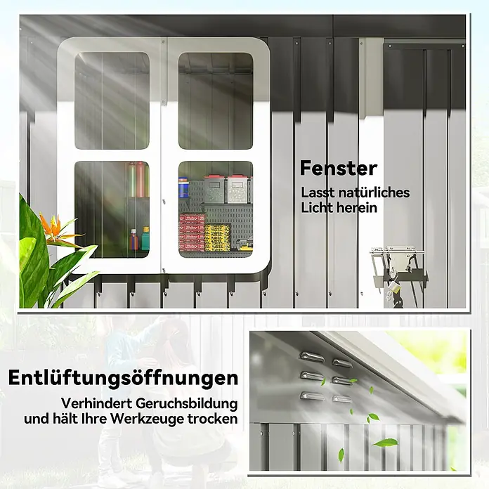 Outsunny Gerätehaus - Außenbreite inkl. Dachüberstand: 211 cm, Außentiefe inkl. Dachüberstand: 133 cm, Stahl, Dunkelgrau - Metallschuppen mit Fenstern für natürliches Licht und Lüftungsöffnungen, die Geruchsbildung verhindern und Werkzeuge trocken halten.