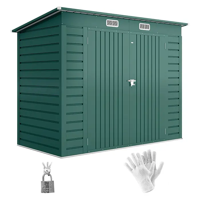 Outsunny Gerätehaus - Außenbreite inkl. Dachüberstand: 249 cm, Außentiefe inkl. Dachüberstand: 121 cm, Stahl, Grün - Grünes Metall-Gartenhaus mit Doppelschiebetüren, Belüftung, Pultdach. Mit Vorhängeschloss, Schlüsseln und weißen Schutzhandschuhen.