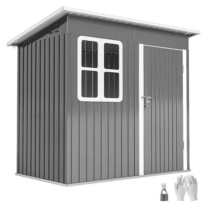 Outsunny Gerätehaus - Außenbreite inkl. Dachüberstand: 211 cm, Außentiefe inkl. Dachüberstand: 133 cm, Stahl, Dunkelgrau - Grauer Metall-Geräteschuppen mit weißem Dach, Fenster und abschließbarer Tür. Inklusive Schutzhandschuhen und Schlüsseln.