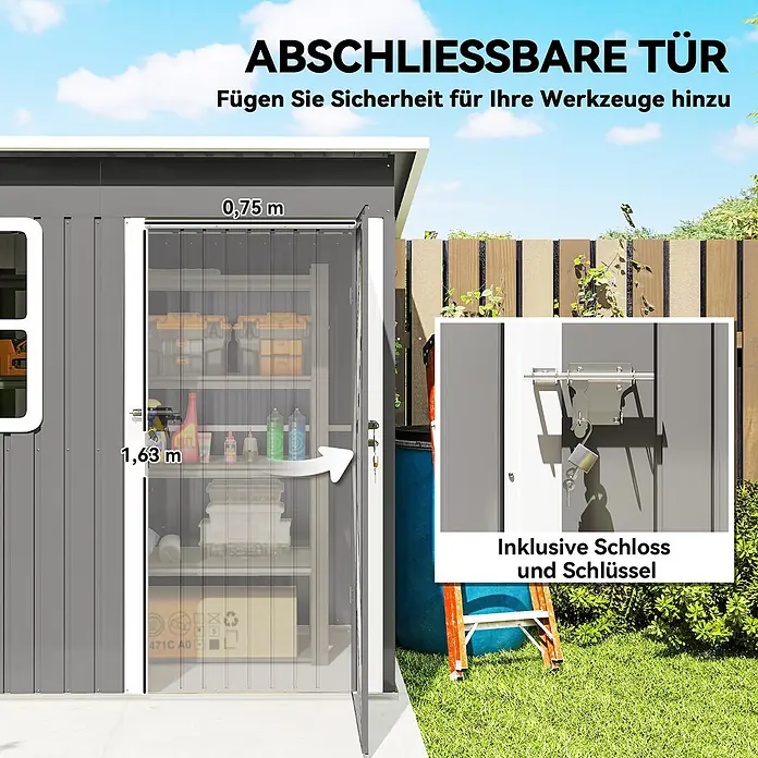 Outsunny Gerätehaus - Außenbreite inkl. Dachüberstand: 211 cm, Außentiefe inkl. Dachüberstand: 133 cm, Stahl, Dunkelgrau - Grauer abschließbarer Geräteschuppen mit Türmaßen 0,75 x 1,63 m, inklusive Schloss und Schlüssel für sichere Aufbewahrung.