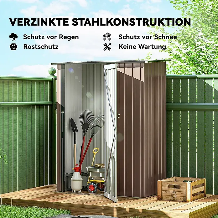 Outsunny Gerätehaus - Außenbreite inkl. Dachüberstand: 142 cm, Außentiefe inkl. Dachüberstand: 86 cm, Stahl, Braun - Brauner verzinkter Stahl-Gartenschuppen im Garten, bietet Schutz vor Regen, Schnee und Rost, wartungsfrei.