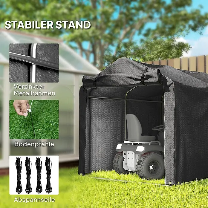 Outsunny Gerätehaus - Außenbreite inkl. Dachüberstand: 157 cm, Außentiefe inkl. Dachüberstand: 220 cm, Metall, Schwarz - Dunkelgraues gewebtes Außenzelt schützt Rasenmäher. Verzinkter Rahmen, Bodenpfähle und Abspannseile für Stabilität.