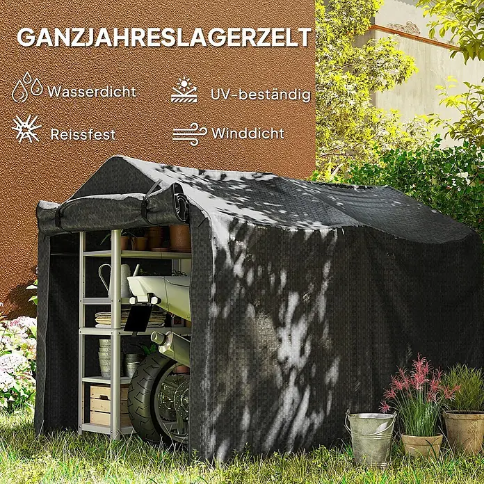 Outsunny Gerätehaus - Außenbreite inkl. Dachüberstand: 157 cm, Außentiefe inkl. Dachüberstand: 220 cm, Metall, Schwarz - Dunkelgraues Ganzjahres-Lagerzelt im Garten, enthält Regale, Töpfe und ein Motorradrad. Wasserfest und UV-beständig.