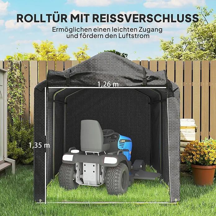 Outsunny Gerätehaus - Außenbreite inkl. Dachüberstand: 157 cm, Außentiefe inkl. Dachüberstand: 220 cm, Metall, Schwarz - Dunkelgraues Stoffschuppen mit aufrollbarer Reißverschlusstür für einen Rasenmäher. Maße: 1,35m Höhe, 1,26m Breite.