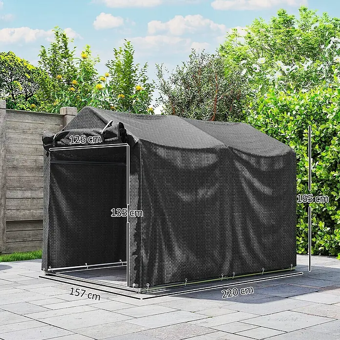 Outsunny Gerätehaus - Außenbreite inkl. Dachüberstand: 157 cm, Außentiefe inkl. Dachüberstand: 220 cm, Metall, Schwarz - Schwarzer gewebter Geräteschuppen mit Frontöffnung, draußen gezeigt mit Maßen 220x157x165 cm, für Gartengeräte.