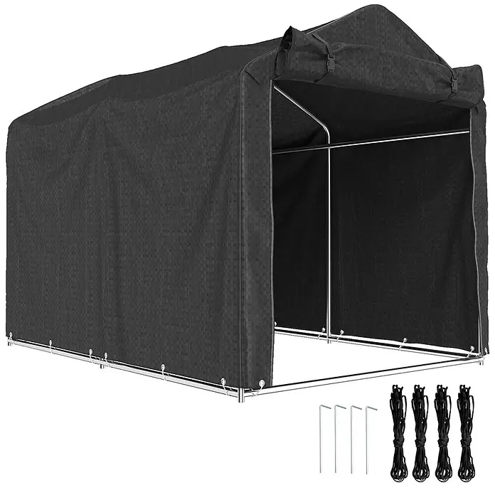 Outsunny Gerätehaus - Außenbreite inkl. Dachüberstand: 157 cm, Außentiefe inkl. Dachüberstand: 220 cm, Metall, Schwarz - Schwarzes tragbares Garagenzelt mit gewebter Stoffabdeckung, Metallrahmen, Bodenheringen und Seilen zur Lagerung im Freien.
