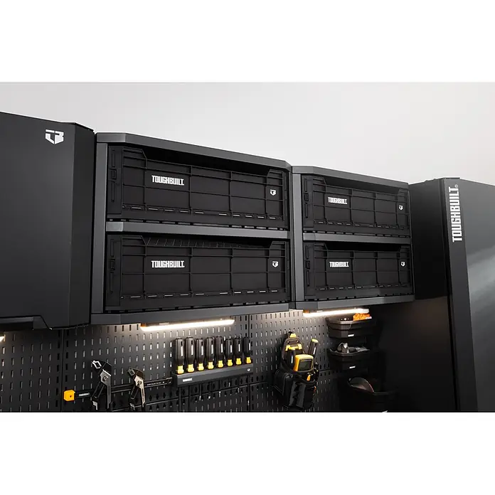 ToughBuilt Armario colgante - L x An x Al: 41 x 71 x 84 cm, Número de cajones: 2 ud., Capacidad de carga: 45 kg - Sistema modular Toughbuilt negro para taller con gabinetes, cajones extraíbles y panel perforado iluminado para herramientas.