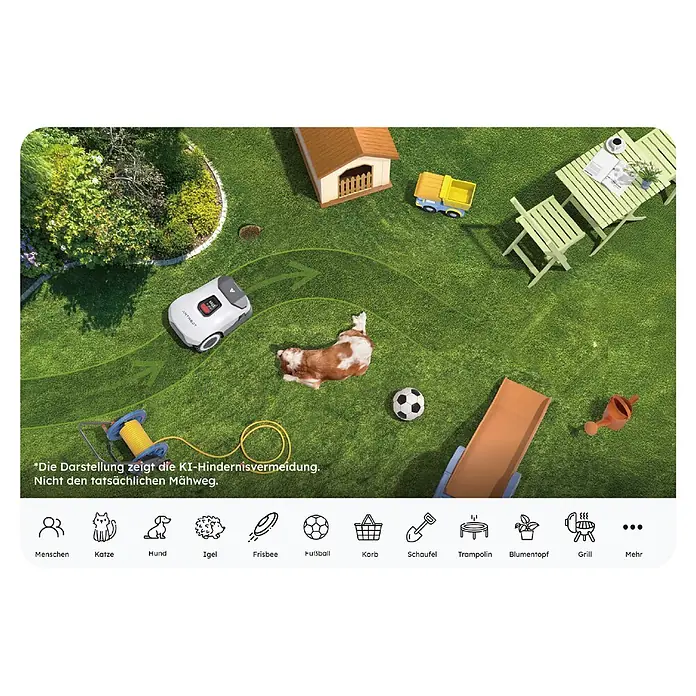 Anthbot Mähroboter Genie 3000 - 3.600 m², Schnittbreite: 20 cm, Satellitengestützte Navigation, RTK - Weiß-grauer Mähroboter auf Rasen, demonstriert KI-Hindernisvermeidung um einen Hund und andere Gartenobjekte.