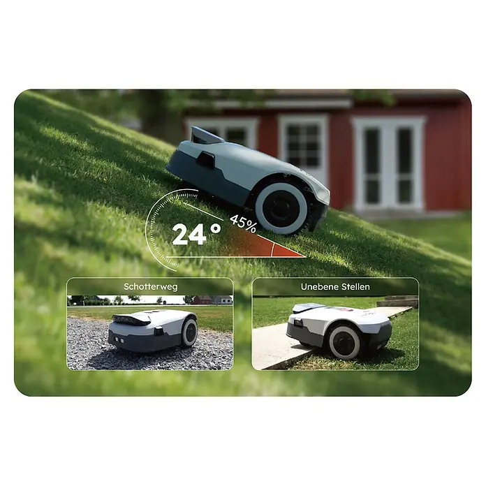 Anthbot Mähroboter Genie 3000 - 3.600 m², Schnittbreite: 20 cm, Satellitengestützte Navigation, RTK - Weiß-dunkelgrauer Rasenroboter auf grünem Hang, bewältigt 24-Grad-Steigungen (45%), Schotterwege und unebenes Gelände.