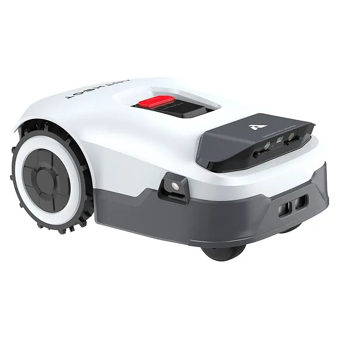 Anthbot Mähroboter Genie 3000 - 3.600 m², Schnittbreite: 20 cm, Satellitengestützte Navigation, RTK - Weiß-dunkelgrauer Rasenroboter mit großen Rädern, integrierten Sensoren und rotem Stoppknopf. Verfügt über 'QUADVISION + RTK Technology'.