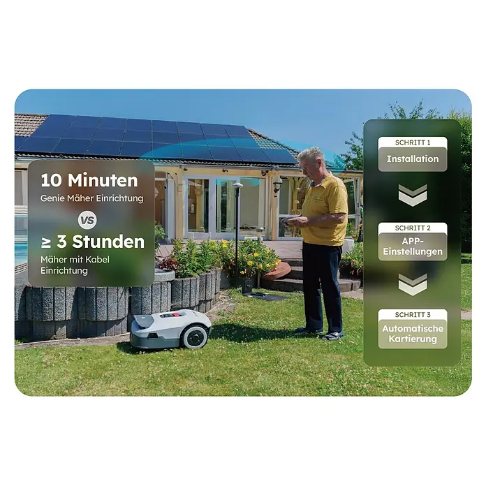 Anthbot Mähroboter Genie 3000 - 3.600 m², Schnittbreite: 20 cm, Satellitengestützte Navigation, RTK - Mann bedient grauen Rasenroboter im Garten, Text hebt die schnelle, App-gesteuerte Einrichtung und Kartierung hervor.