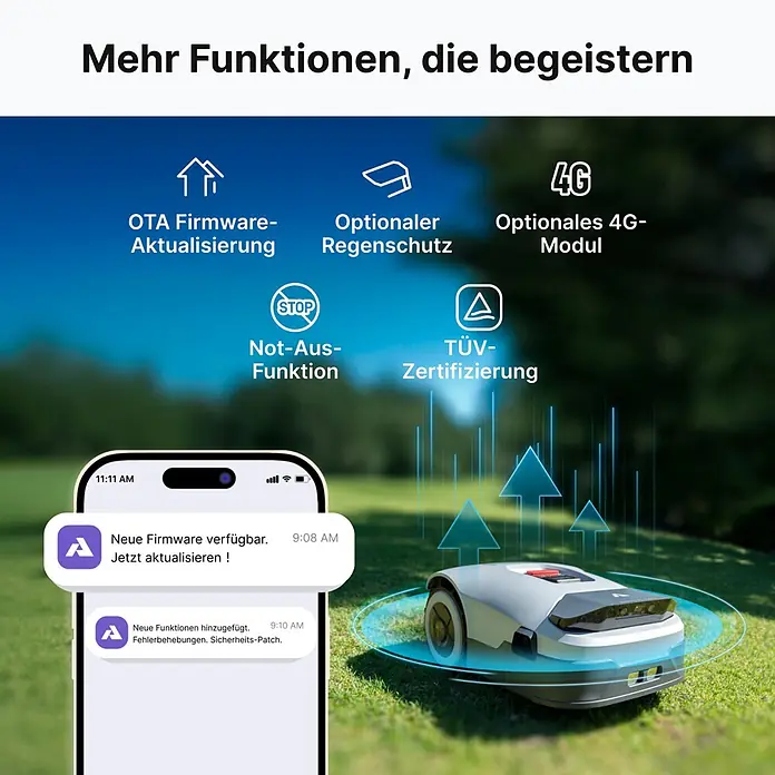 Anthbot Mähroboter Genie 3000 - 3.600 m², Schnittbreite: 20 cm, Satellitengestützte Navigation, RTK - Grauer/schwarzer Mähroboter auf Rasen empfängt Firmware-Updates. Ein Smartphone zeigt neue Funktionen und Sicherheitspatches an.