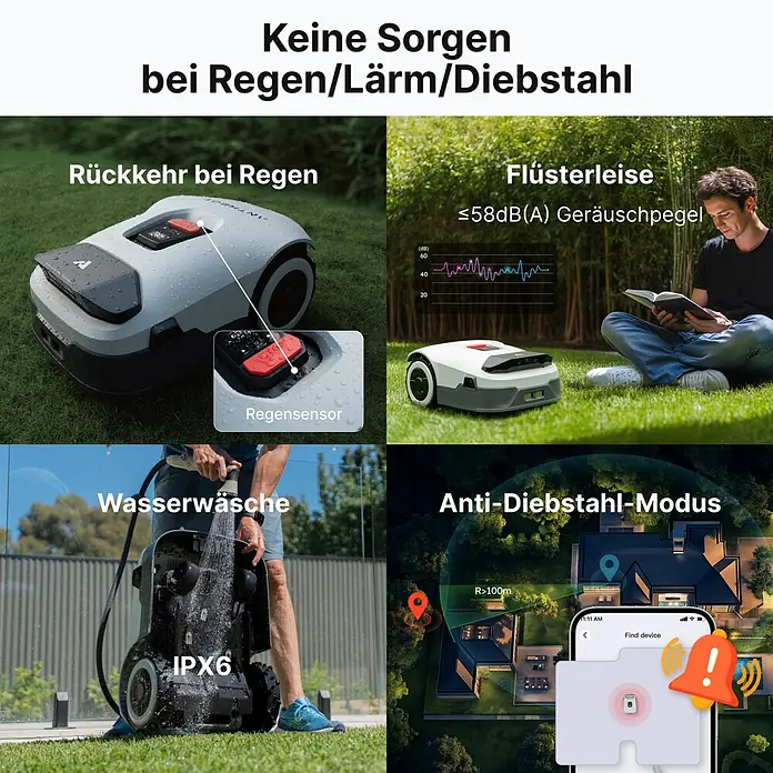 Anthbot Mähroboter Genie 3000 - 3.600 m², Schnittbreite: 20 cm, Satellitengestützte Navigation, RTK - Ein grau-weißer Mähroboter zeigt Regensensor, leisen Betrieb, wasserdichtes Design (IPX6) und Diebstahlschutz.