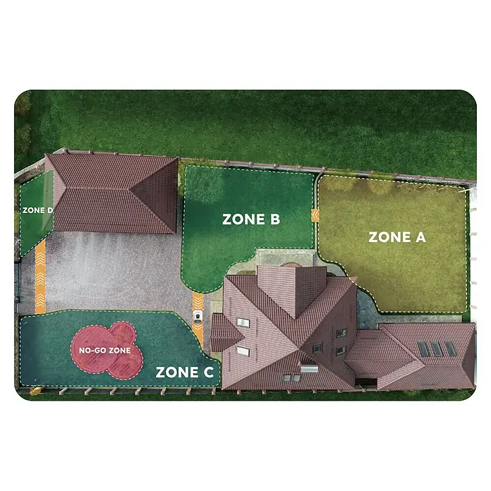 Anthbot Mähroboter Genie 3000 - 3.600 m², Schnittbreite: 20 cm, Satellitengestützte Navigation, RTK - Luftaufnahme von Haus und Garten mit vier Mähzonen (A, B, C, D), einer Verbotszone und markierten Wegen für einen Mähroboter.