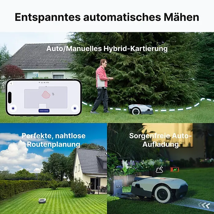 Anthbot Mähroboter Genie 3000 - 3.600 m², Schnittbreite: 20 cm, Satellitengestützte Navigation, RTK - Ein weiß-grauer Mähroboter demonstriert automatisches Mähen, Smart Mapping, Routenplanung und Selbstaufladung im Garten.