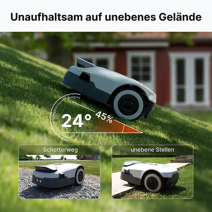 Anthbot Mähroboter Genie 3000 - 3.600 m², Schnittbreite: 20 cm, Satellitengestützte Navigation, RTK - Weiß-dunkelgrauer Mähroboter, der seine Fähigkeit auf steilen 24°/45% Steigungen, Schotter und unebenem Gelände zeigt.