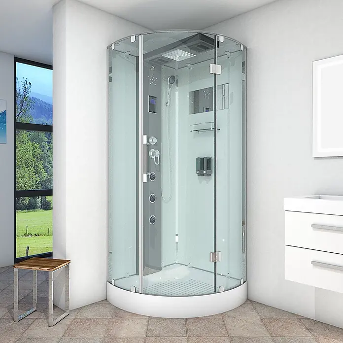 AcquaVapore Komplettdusche Dampfdusche D37-10R2 - 90 x 90 x 218 cm, Weiß - Eckduschkabine mit Glasumhausung, internem Duschpaneel, Massagedüsen und weißer Basis, in einem modernen Bad.