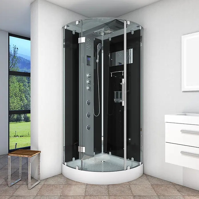 AcquaVapore Komplettdusche Dampfdusche D37-23L3 - 100 x 100 x 218 cm, Schwarz - Eck-Duschkabine mit Klarglas, schwarzer Rückwand und weißer Basis, in einem modernen Badezimmer.