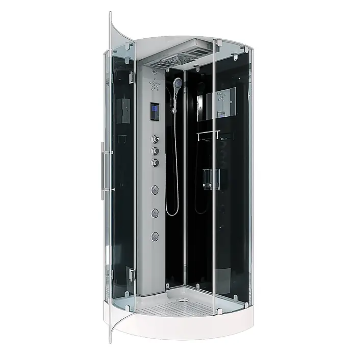 AcquaVapore Komplettdusche Dampfdusche D37-23L3 - 100 x 100 x 218 cm, Schwarz - Moderne Eckduschkabine mit Klarglaswänden, weißem Sockel und grau/schwarzen Innenpaneelen mit Kopf-, Hand- und Massagedüsen.