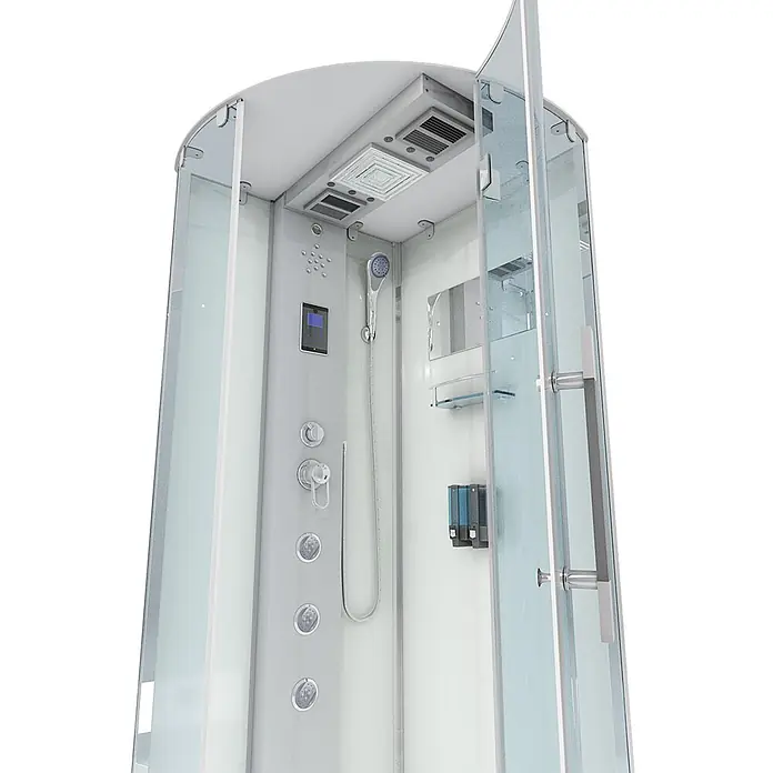 AcquaVapore Komplettdusche Dampfdusche D37-10R2 - 90 x 90 x 218 cm, Weiß - Moderne Dampfduschkabine mit gebogenen Glastüren, Hydromassagedüsen und digitalem Bedienfeld.