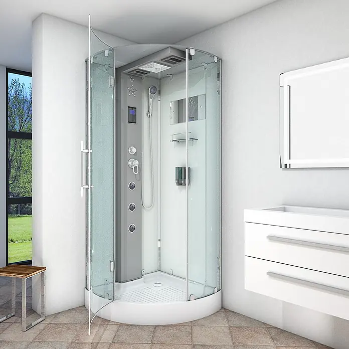 AcquaVapore Komplettdusche Dampfdusche D37-10L2 - 90 x 90 x 218 cm, Weiß - Moderne Eckduschkabine mit klaren und mattierten Glaswänden, grauem Multi-Jet-Paneel und weißer Basis, in einem modernen Badezimmer.