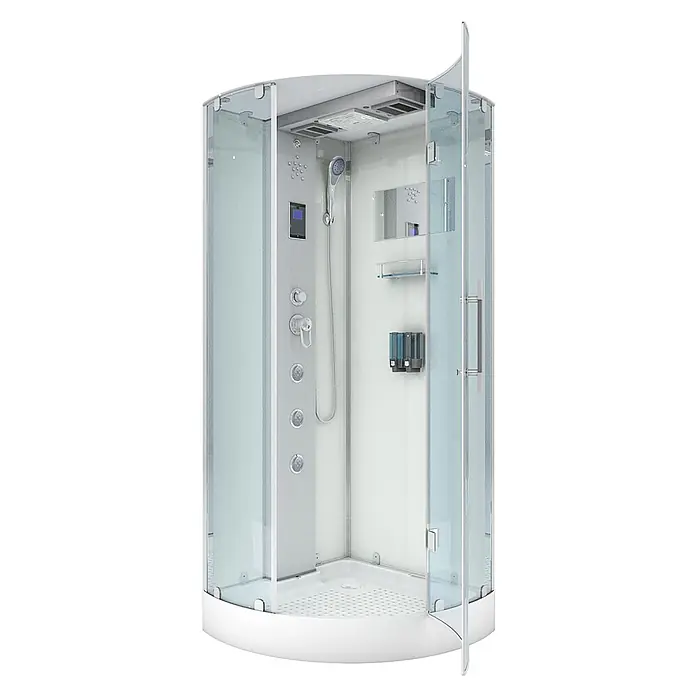 AcquaVapore Komplettdusche Dampfdusche D37-10R2 - 90 x 90 x 218 cm, Weiß - Weiße und silberne Dampfduschkabine mit Klarglastüren, Handbrause, Massagedüsen, digitaler Steuerung, Spiegel und Spendern.