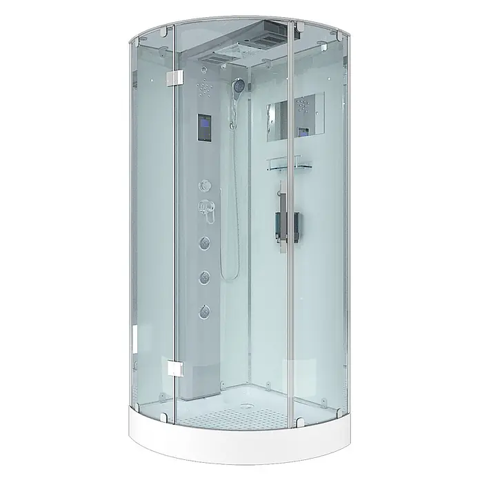 AcquaVapore Komplettdusche Dampfdusche D37-10L2 - 90 x 90 x 218 cm, Weiß - Eine moderne Eckduschkabine mit Klarglaswänden, weißer Basis und grauer Innenverkleidung mit Steuerung, Duschkopf und Massagedüsen.