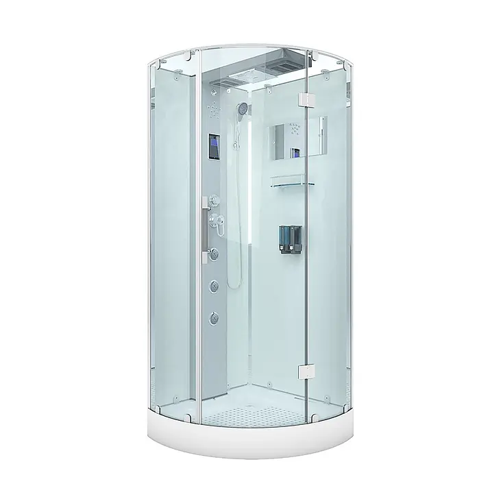 AcquaVapore Komplettdusche Dampfdusche D37-10R2 - 90 x 90 x 218 cm, Weiß - Moderne Viertelkreis-Duschkabine mit Klarglas, weißem Sockel, mehreren Düsen und Bedienfeld.