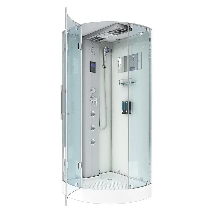 AcquaVapore Komplettdusche Dampfdusche D37-10L2 - 90 x 90 x 218 cm, Weiß - Moderne Eckduschkabine mit Klarglaswänden, weißem Unterbau und integriertem Bedienfeld mit Handbrause, Massagedüsen und Digitalanzeige.
