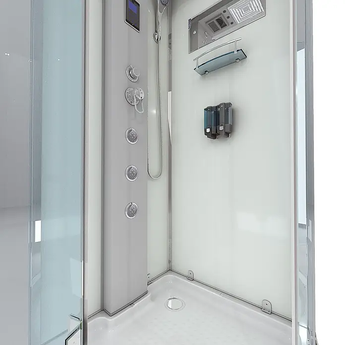 AcquaVapore Komplettdusche Dampfdusche D37-10L2 - 90 x 90 x 218 cm, Weiß - Moderne Hydromassage-Duschkabine mit weißer Wanne, grauem Bedienfeld und Glaswänden.