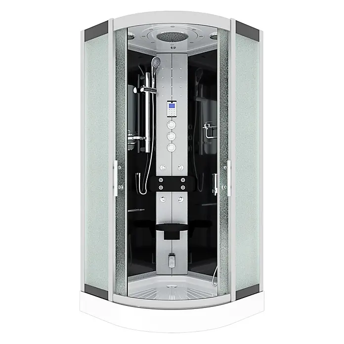 AcquaVapore Komplettdusche Dampfdusche D46-03M3 - 80 x 80 x 215 cm, Schwarz - Moderne Viertelkreis-Duschkabine mit klarem und strukturiertem Glas, weißem Rahmen, schwarzem Interieur, mehreren Duschköpfen, Massagedüsen, Bedienfeld und Sitz.