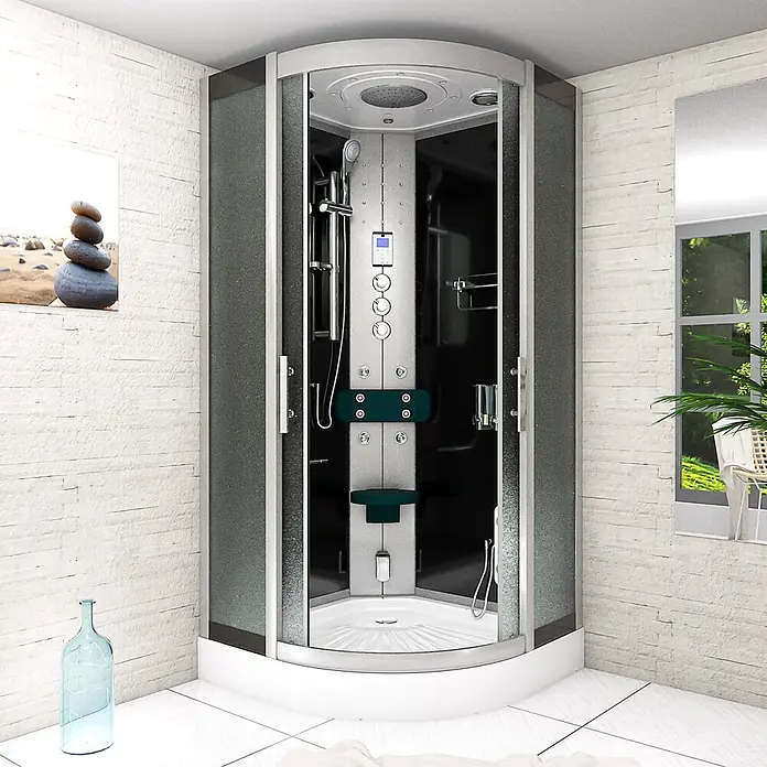 AcquaVapore Komplettdusche Dampfdusche D46-03M3 - 80 x 80 x 215 cm, Schwarz - Dunkelgraue Eckdampfduschkabine mit Massagedüsen, Regendusche, Handbrause und digitalem Bedienfeld im modernen Bad.