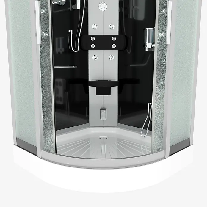 AcquaVapore Komplettdusche Dampfdusche D46-03M3 - 80 x 80 x 215 cm, Schwarz - Eckduschkabine mit mattierten und klaren Glasscheiben, schwarzer Innenausstattung, Massageduschpaneel, Handbrause und weißer Duschwanne.