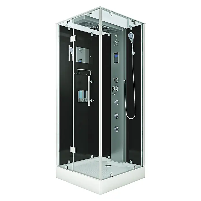 AcquaVapore Komplettdusche Dampfdusche D38-13L2-EC - 90 x 90 x 218 cm, Schwarz - Moderne Glasduschkabine mit schwarzen Innenpaneelen, grauer Bediensäule mit Digitalanzeige, mehreren Düsen, Handbrause, Spiegel und Spendern.