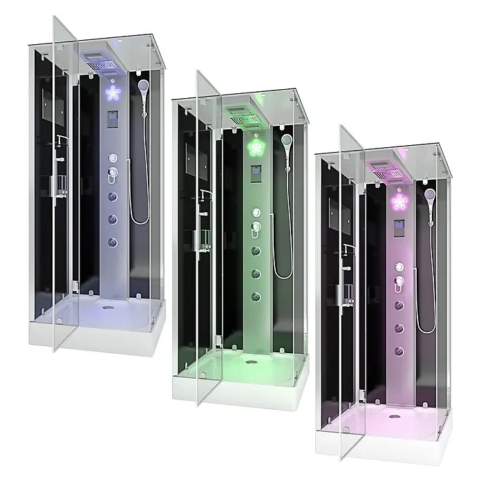 AcquaVapore Komplettdusche Dampfdusche D38-13L2-EC - 90 x 90 x 218 cm, Schwarz - Moderne Glasduschkabine mit interner LED-Beleuchtung in drei Farbvarianten.