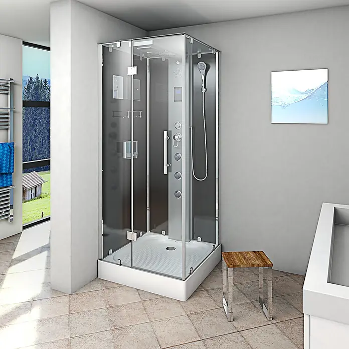 AcquaVapore Komplettdusche Dampfdusche D38-13L2-EC - 90 x 90 x 218 cm, Schwarz - Moderne Glasduschkabine mit dunkler Rückwand, weißer Wanne, Chromarmaturen und Bedienfeld in einem geräumigen Bad mit Aussicht.