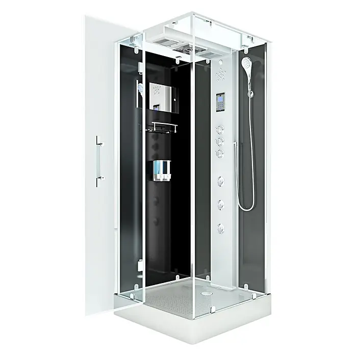 AcquaVapore Komplettdusche Dampfdusche D38-13L2-EC - 90 x 90 x 218 cm, Schwarz - Moderne Duschkabine mit transparentem Glas, weißem Rahmen, schwarzer Rückwand, weißem Bedienfeld, Handbrause, Massagedüsen und Digitalanzeige.