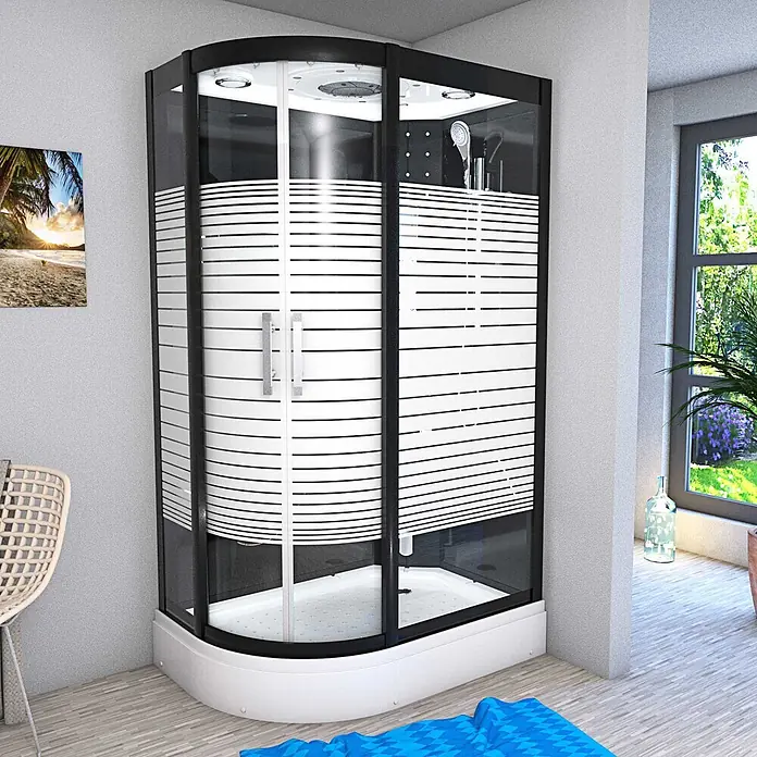 AcquaVapore Komplettdusche Dampfdusche D30-73M3L-EC - 120 x 80 x 215 cm, Schwarz - Eckduschkabine mit schwarzem Rahmen, gestreiftem Milchglas und weißem Sockel, mit Duscharmaturen innen.