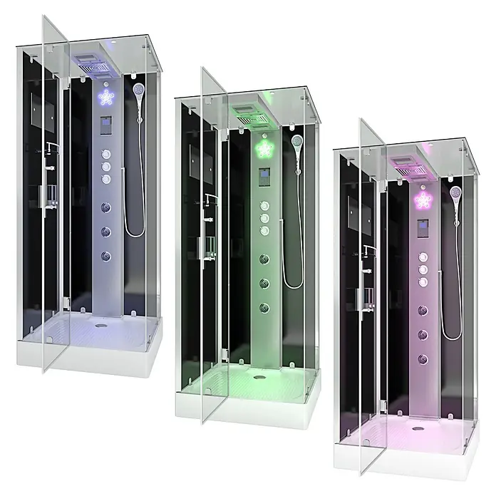AcquaVapore Komplettdusche Dampfdusche D38-03L3-EC - 80 x 80 x 218 cm, Schwarz - Drei moderne Duschkabinen mit Klarglas, weißen Wannen und mehrfarbiger LED-Beleuchtung: Blau, Grün und Pink.