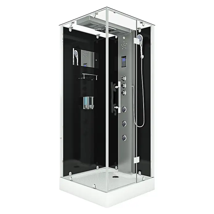 AcquaVapore Komplettdusche Dampfdusche D38-23R3 - 100 x 100 x 218 cm, Schwarz - Moderne Duschkabine mit weißem Boden, schwarzen Wänden, Glaspaneelen und silberner Multifunktionssteuerung.