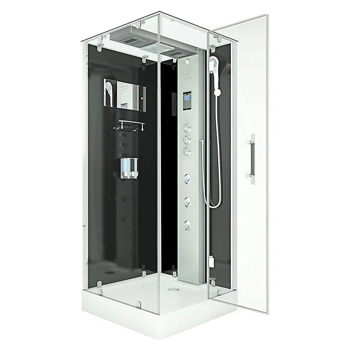 AcquaVapore Komplettdusche Dampfdusche D38-23R3 - 100 x 100 x 218 cm, Schwarz - Moderne Duschkabine mit Klarglaswänden, weißem Boden, schwarzer Rückwand und Multifunktions-Hydromassage-Säule.