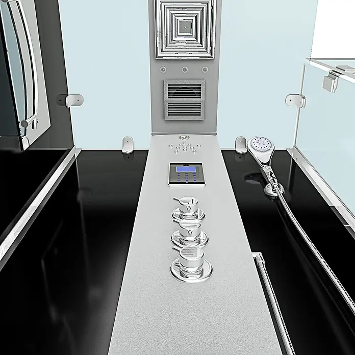 AcquaVapore Komplettdusche Dampfdusche D38-23R3 - 100 x 100 x 218 cm, Schwarz - Modernes Duschpaneel mit Chromarmaturen, digitalem Display und Handbrause in einer eleganten, minimalistischen Duschkabine.
