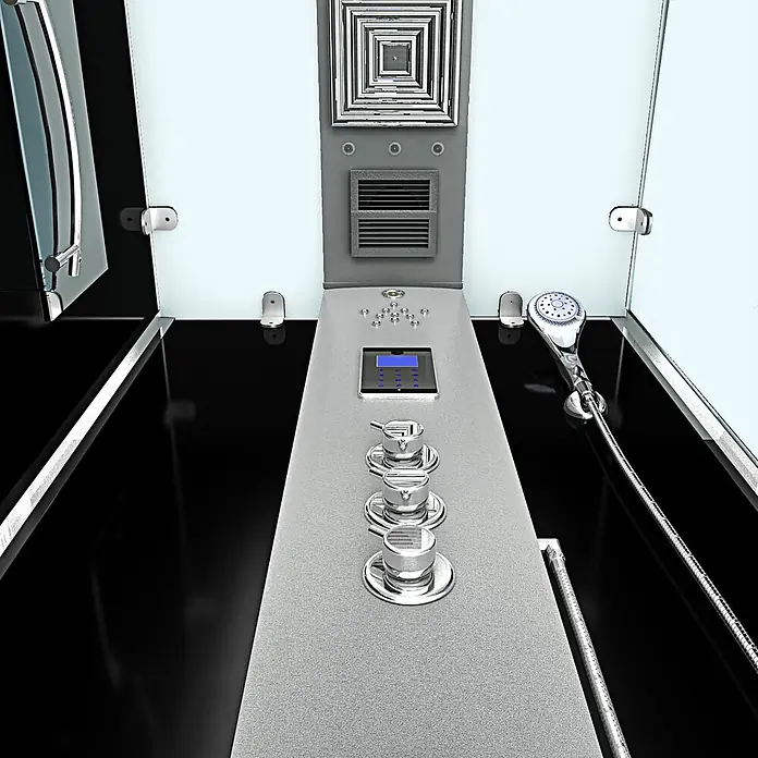 AcquaVapore Komplettdusche Dampfdusche D38-03L3-EC - 80 x 80 x 218 cm, Schwarz - Moderner Duschkabinen-Innenraum mit grauem Bedienfeld, Chromknöpfen, Digitalanzeige und Handbrause.