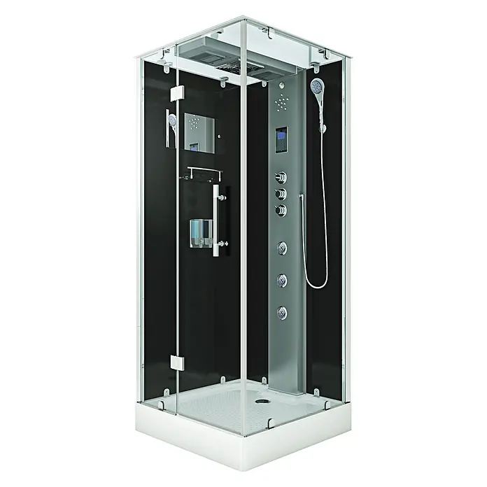AcquaVapore Komplettdusche Dampfdusche D38-03L3-EC - 80 x 80 x 218 cm, Schwarz - Moderne Duschkabine mit Klarglas und schwarzen Rückwänden, mit grauem Bedienfeld und weißem Sockel.