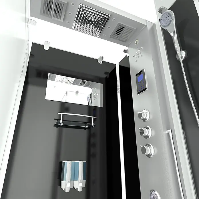 AcquaVapore Komplettdusche Dampfdusche D38-23R3 - 100 x 100 x 218 cm, Schwarz - Moderne Duschkabine mit schwarzer Innenausstattung, Chromarmaturen, Kopfbrause und digitalem Bedienfeld.