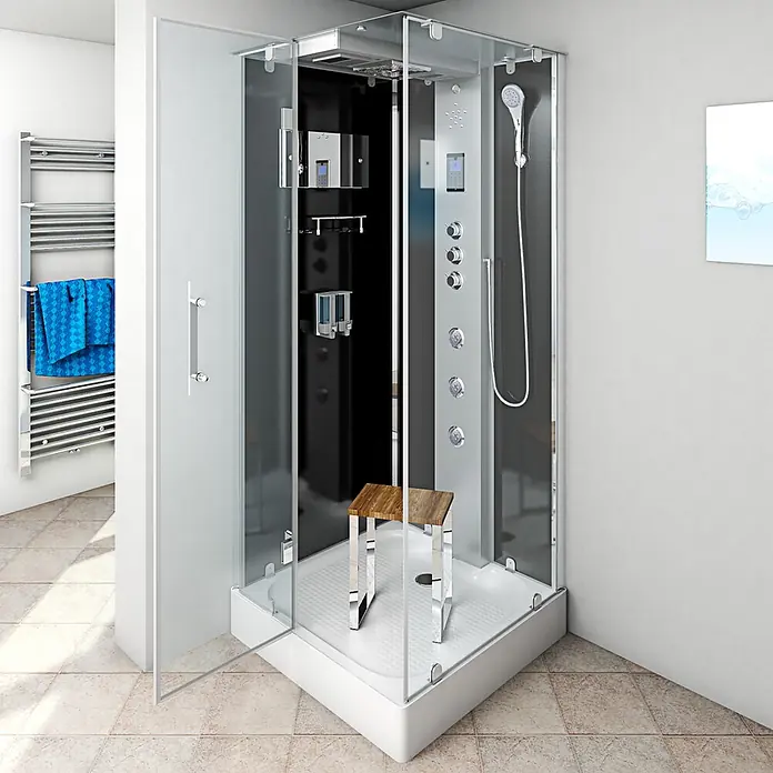 AcquaVapore Komplettdusche Dampfdusche D38-03L3-EC - 80 x 80 x 218 cm, Schwarz - Moderne Duschkabine mit klarem Glas, weißer Basis, schwarzem/silbernem Innenpaneel, mehreren Düsen, Handbrause und einem Holzhocker.