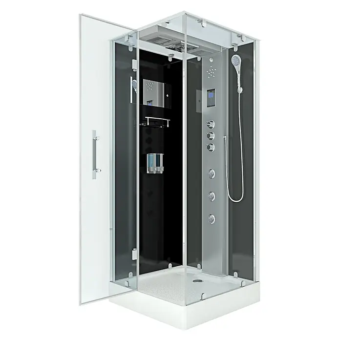 AcquaVapore Komplettdusche Dampfdusche D38-03L3-EC - 80 x 80 x 218 cm, Schwarz - Moderne Glasduschkabine mit schwarzen Rückwänden, weißer Wanne und silberner Multifunktions-Duschsäule.