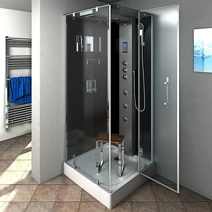 AcquaVapore Komplettdusche Dampfdusche D38-23R3 - 100 x 100 x 218 cm, Schwarz - Moderne Eckduschkabine mit dunklem Interieur, Multifunktionspaneel und integriertem Holzhocker. In einem modernen Badezimmer.