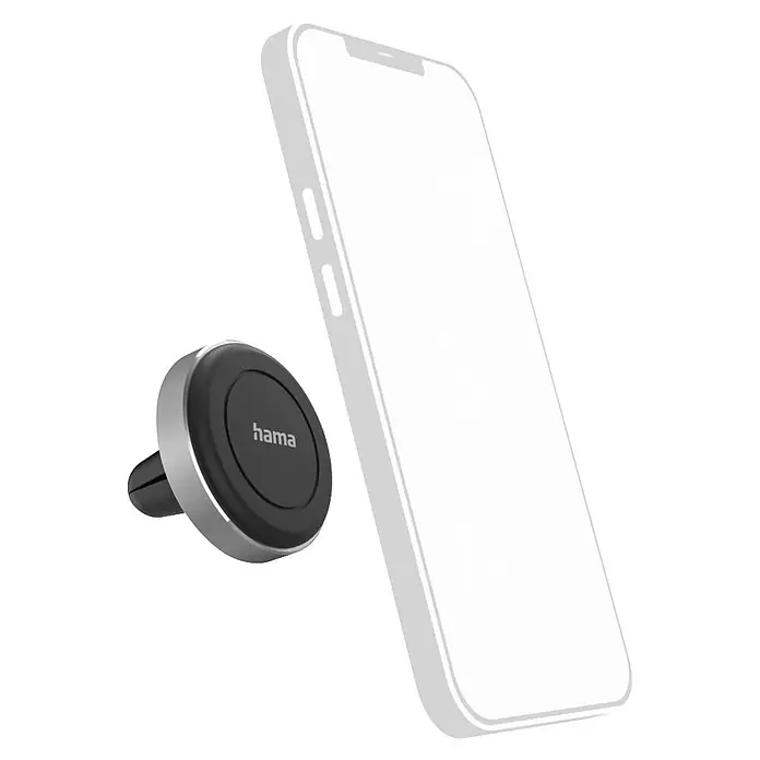 Hama Handyhalter 00201972 "Magnet" für Lüftung 360 Grad drehbar universal - Schwarz, Silber - Grauer und schwarzer Hama Magnet-Lüftungshalter fürs Auto. Ein weißes Smartphone steht daneben.